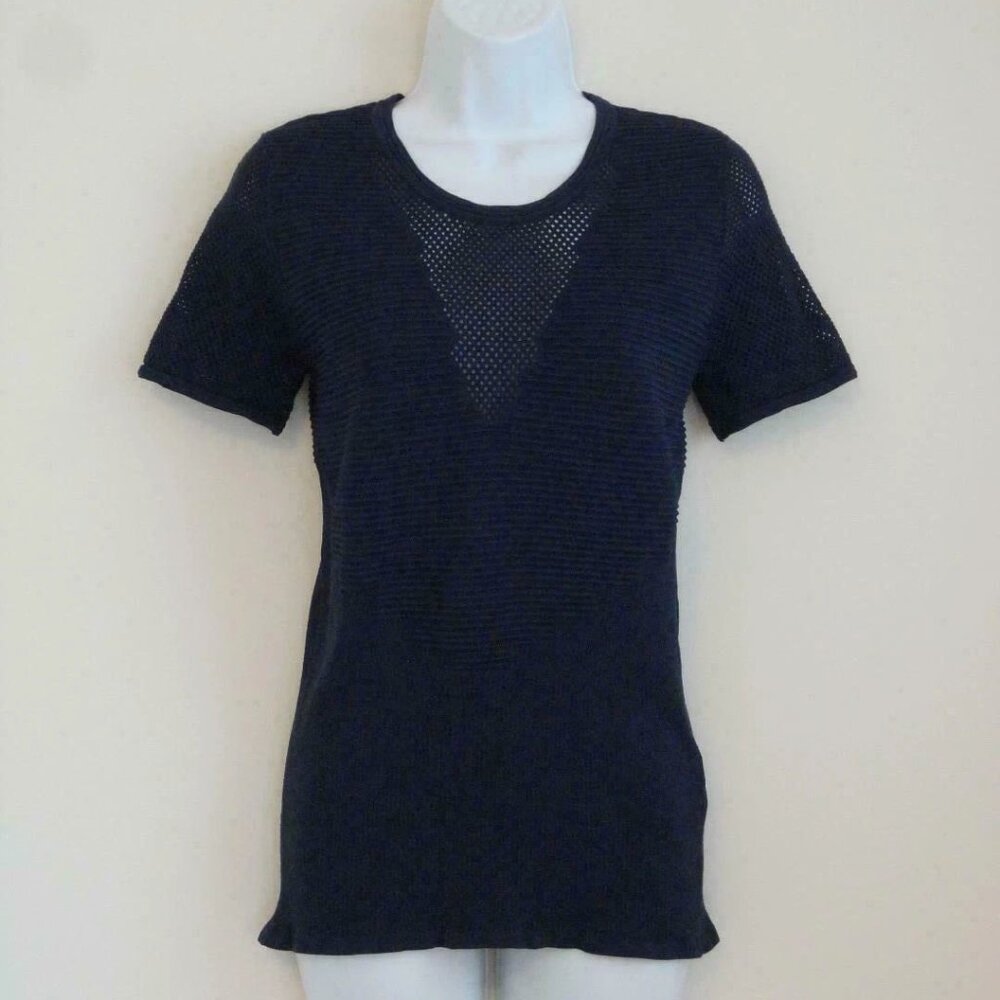 New 3.1 PHILLIP LIM Navy Blue Front Mesh Insert Ribbed Knit Short Sleeve Top L